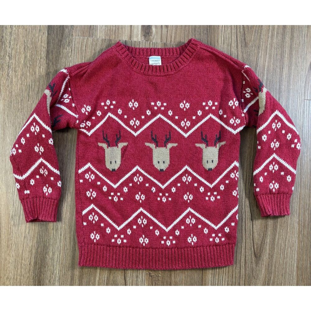 Carter’s Reindeer Cotton Knit Red Christmas Sweater (Size 3T) Snowflakes